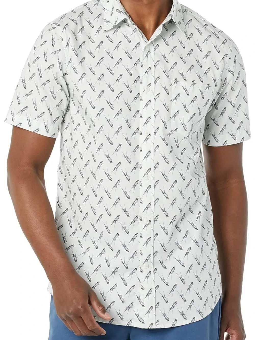 🚘 NWOT Amazon Essentials Cream Short-Sleeve BIRD Printed Button-Down Shirt SLIM